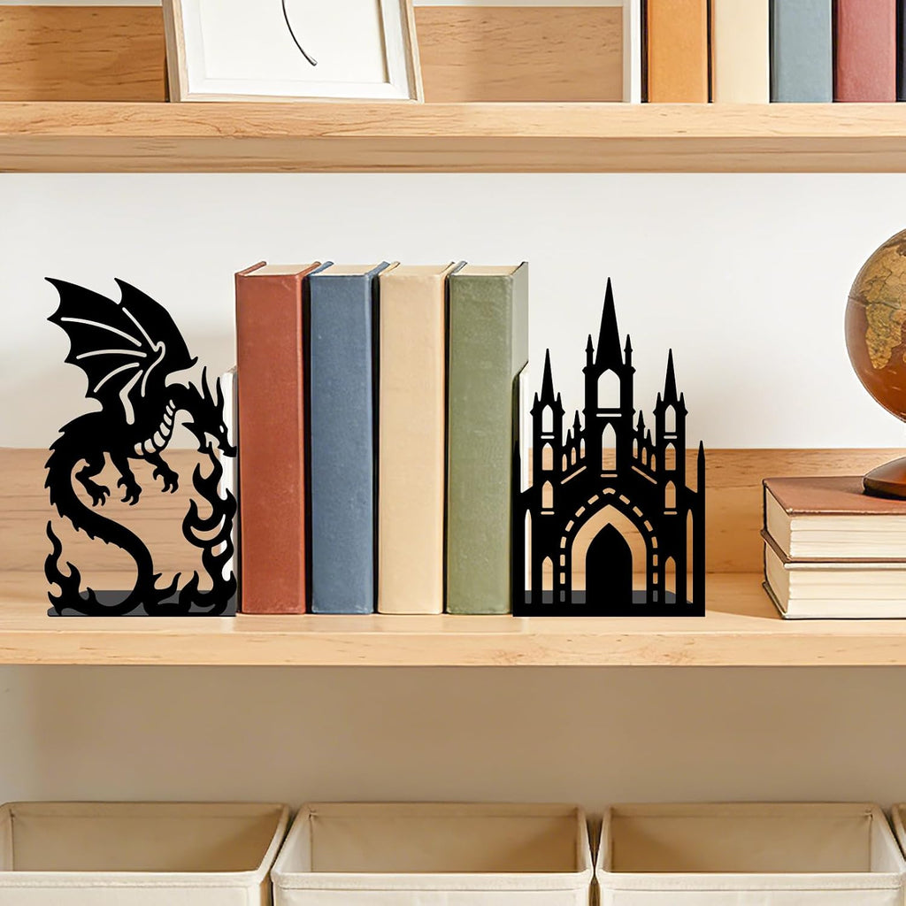 2pcs Castle Dragon Metal Bookends Middle Ages Heavy Duty Adjustable Book Stopper for Shelves and Desk Decorative Black Bookends for Heavy Books Cookbooks Vinyl Records with Non-Slip Pads