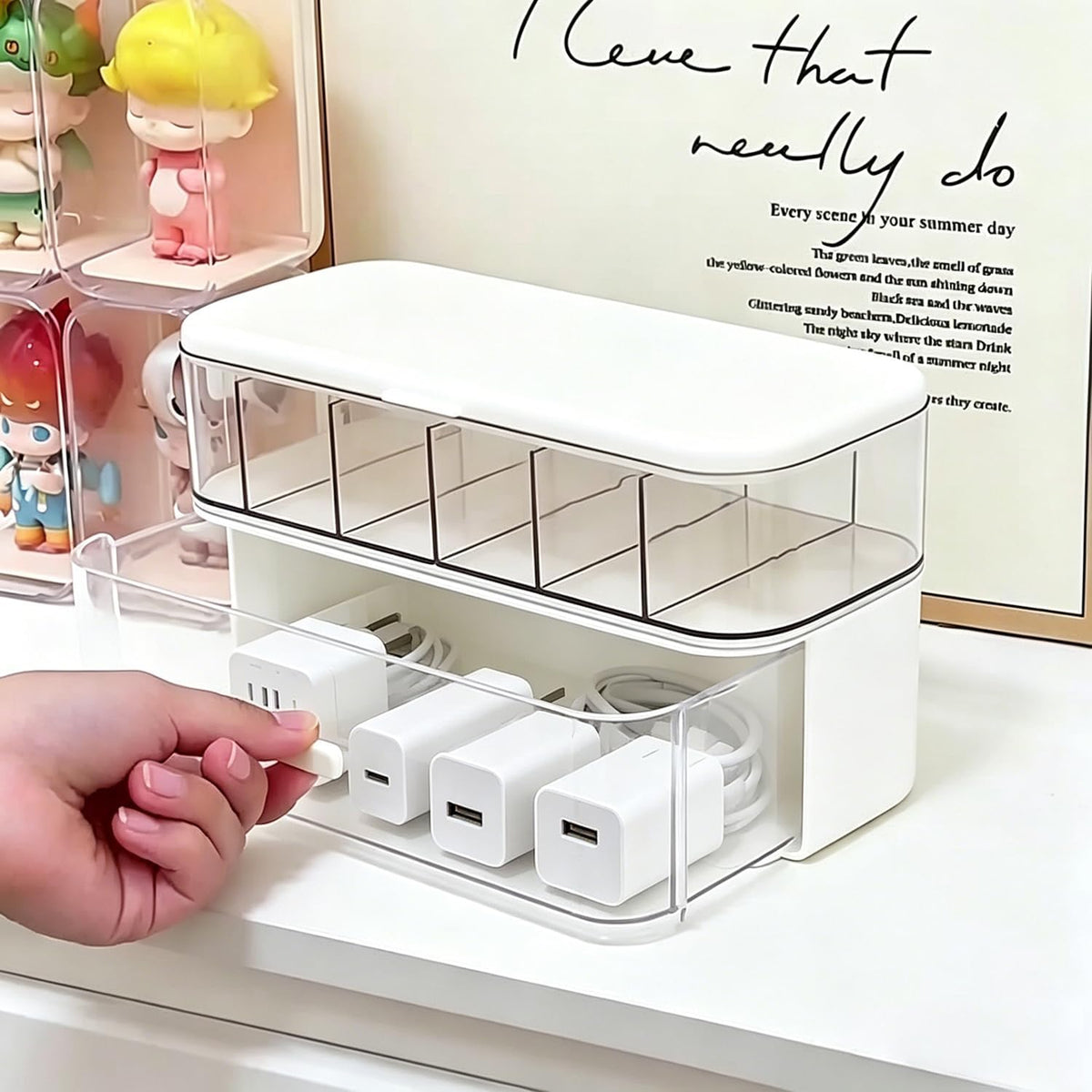 Cord Organizer Box with Lid, Stackable Cable & Charger Organizer, Clear Cable Management Box with 6 Compartment for Office, Desk, Drawer