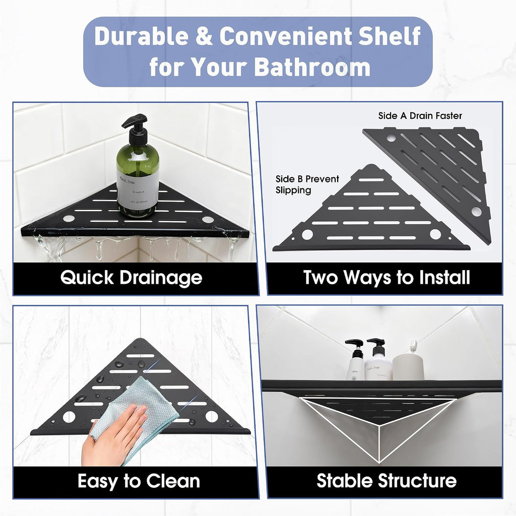 Corner Shower Shelf, 10'' Shower Corner Shelf with Towel Bar & Hooks, 304 Stainless Steel Recessed Bathroom Shelves, Grout in Bathroom Shower Shelf for Tiled Wall, 2-Pack (Matte Black)