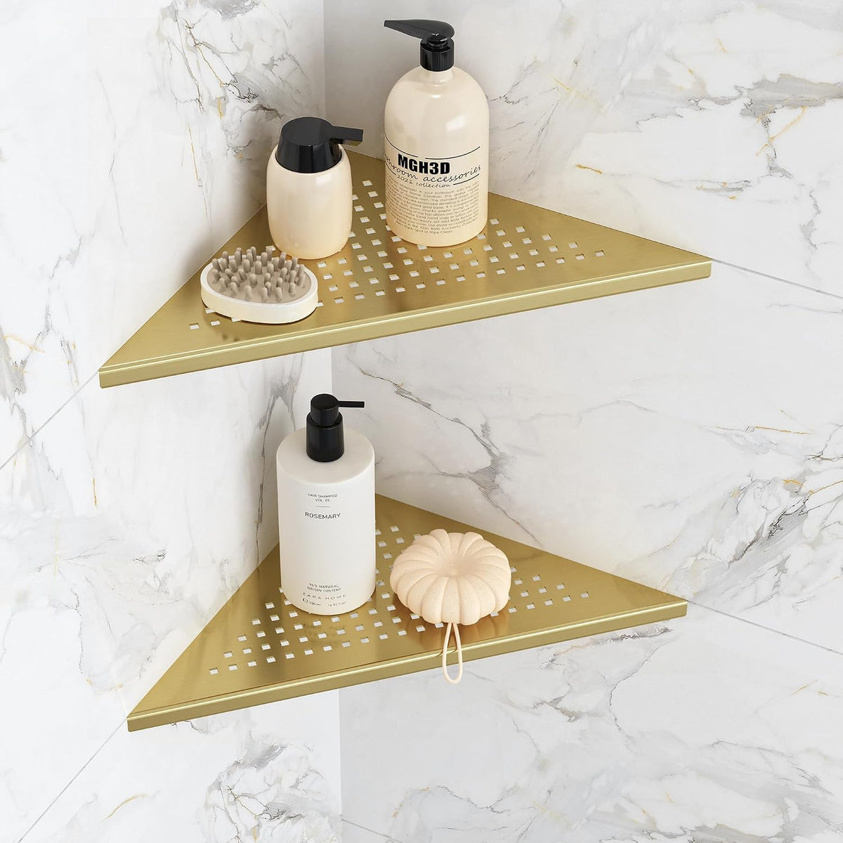 Qeke Corner Shower Shelves, 10” Recessed Tile Shower Shelf Golden, 2 Pack