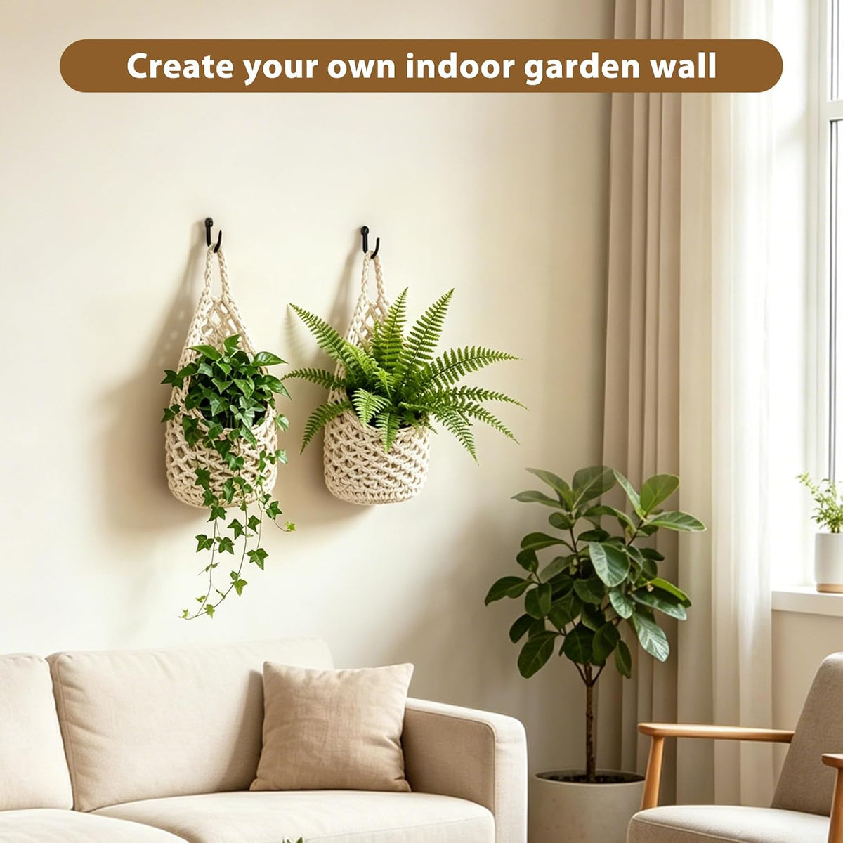 4-Pack 5-Inch Macrame Wall Plant Hangers Fits 4–5" Pots Up to 5" Tall Natural Cotton Hanging Planter Baskets for Indoor Plants, Boho-Style Woven Plant Baskets for Walls White