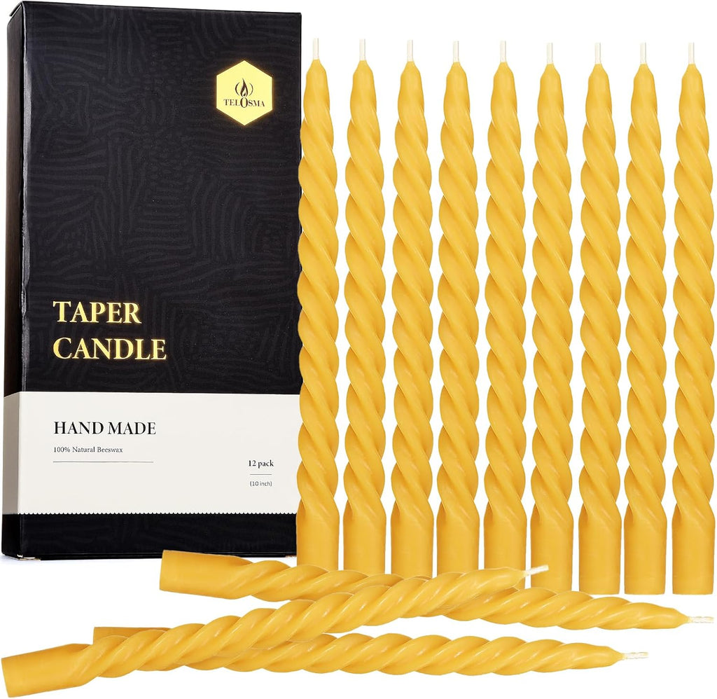 Natural Beeswax Spiral Taper Candles Bulk, 12 PCS - 10 Inch Tall - Yellow