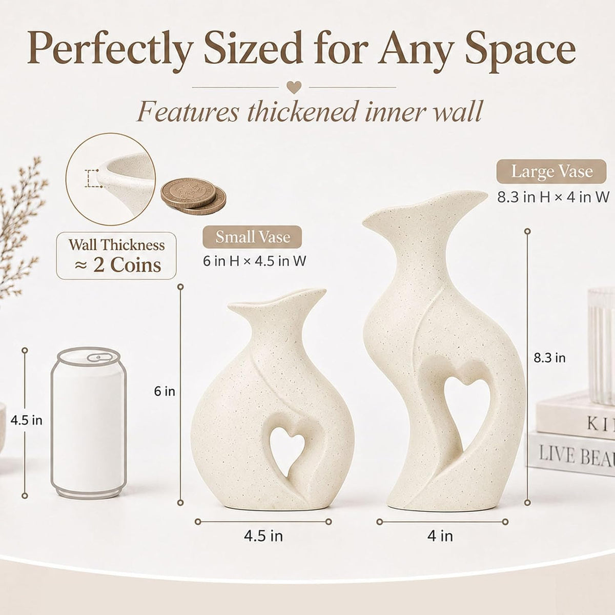 Ceramic Vase for Centerpieces Boho Rustic Vase Set of 2 (Cream)