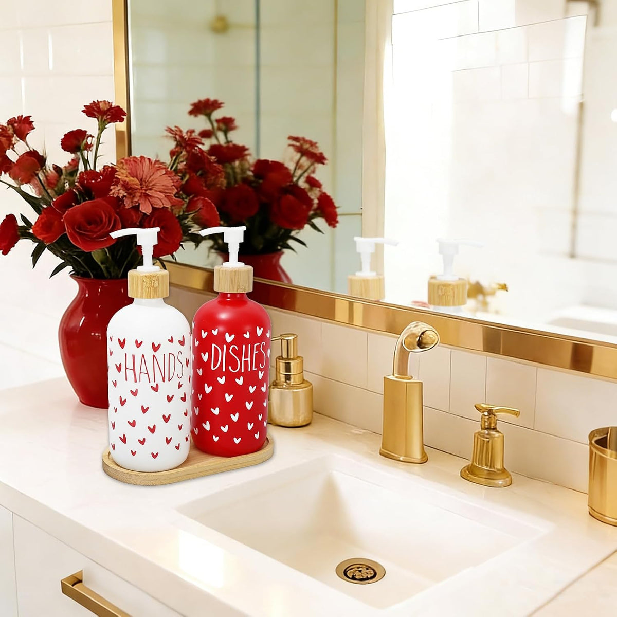 FYSUIMU 2 Pcs Valentine's Day Soap Dispenser Glass Soap Dispenser with Pump Red White Heart Refillable Liquid Container for Hands Dishes Party Home Kitchen Bathroom Decor