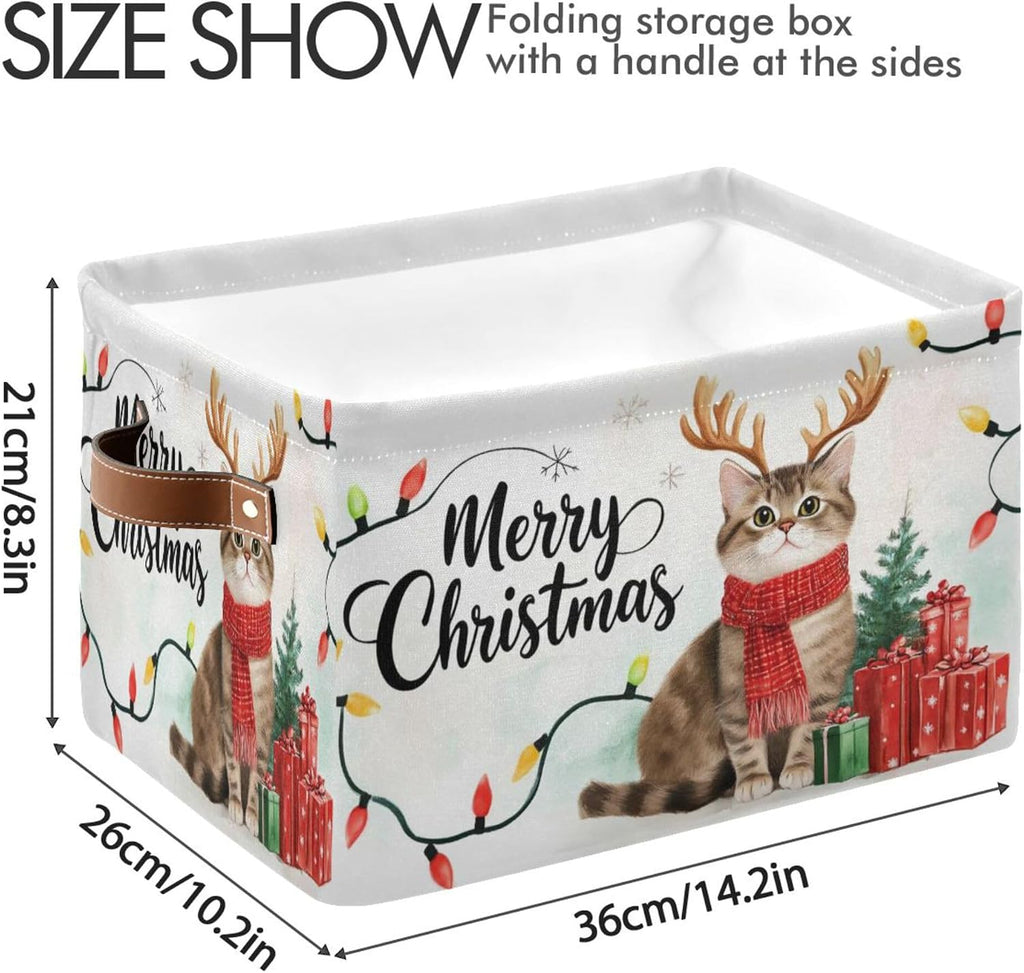 Wamika Christmas Cats Kitty Storage Basket with Waterproof Liner and PU Handles Xmas Tree Reindeer Storage Bins Boxes 14.2" Collapsible Decorative Organizer Baskets for Bedroom Closet Office 1 Pack