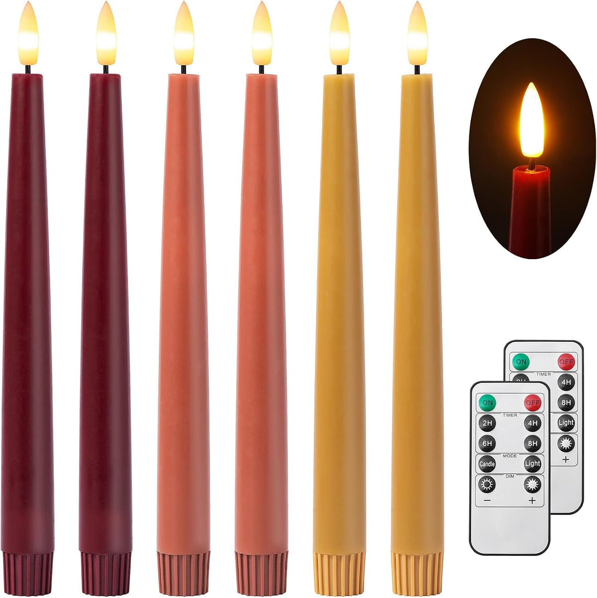 Stmarry Fall Flameless Taper Candles with Remote and Timer, 9.65 Inch Real Wax LED Candlesticks, Battery Operated Thanksgiving Candles with 3D Flickering Flame, Bordeaux, Terra Cotta & Caramel, 6 Pack