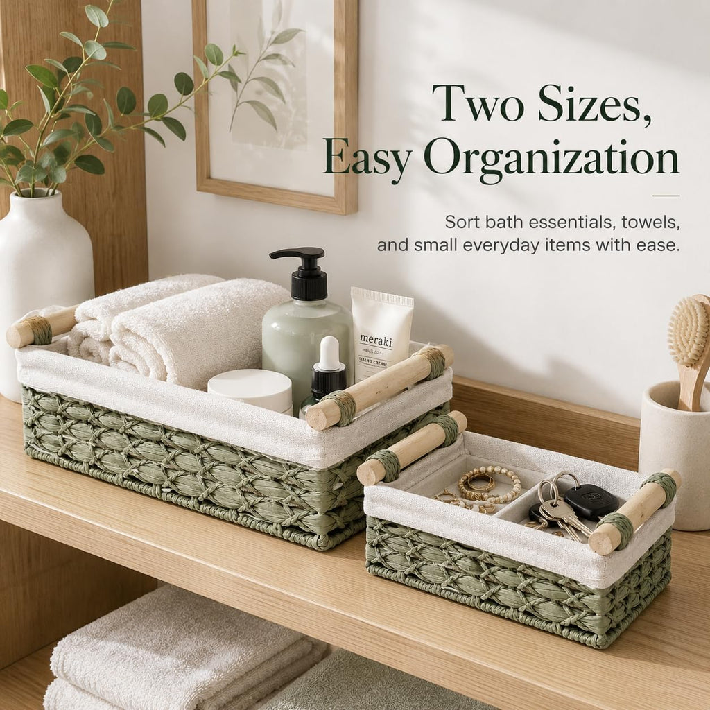 Sage Green Bathroom Baskets Set of 2, Paper Rope, Wood Handles