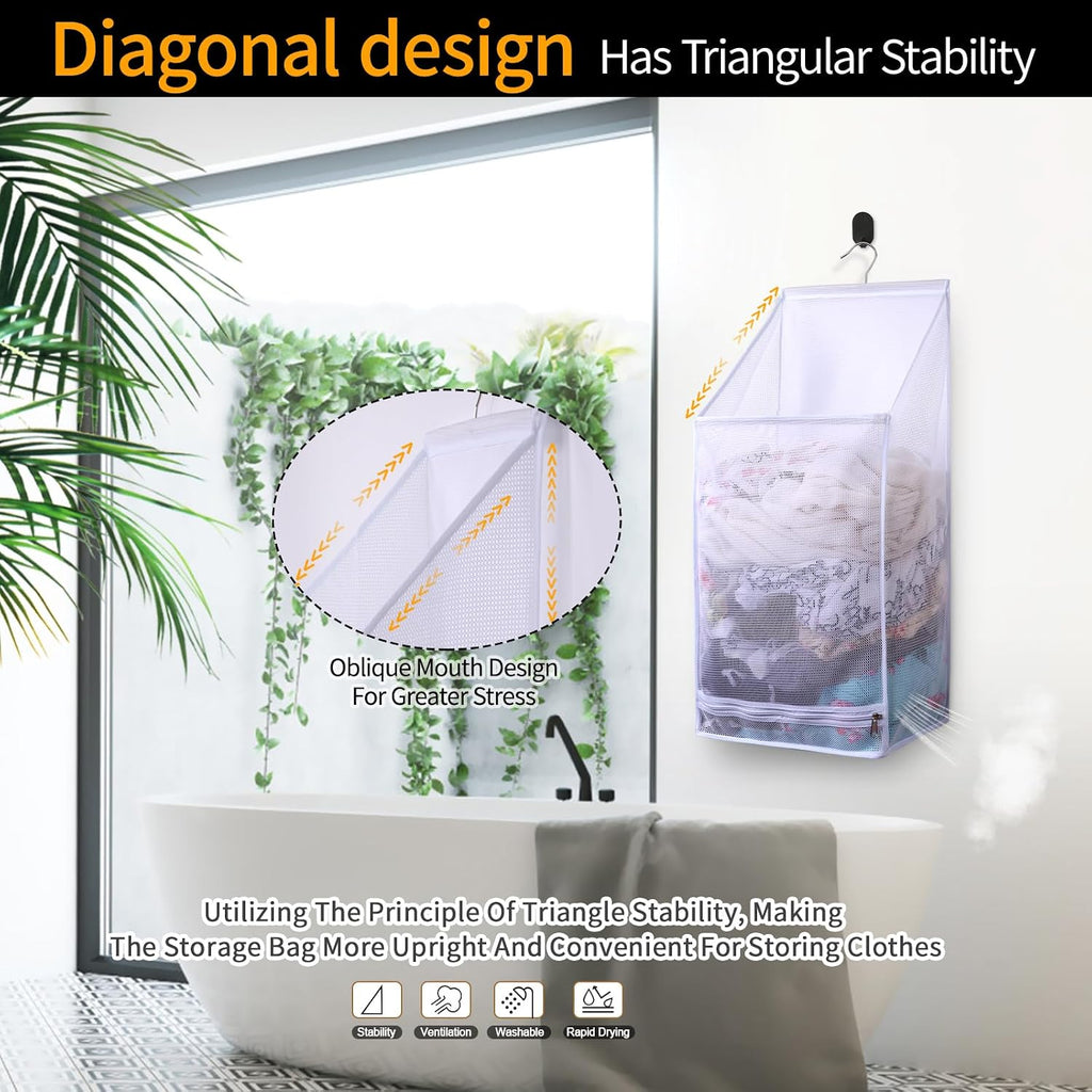 Hanging Collapsible Breathable Mesh laundry bags,Fast Drying Portable Space Saving Laundry Hamper for dorm,Rv Laundry Hamper Storage (White)