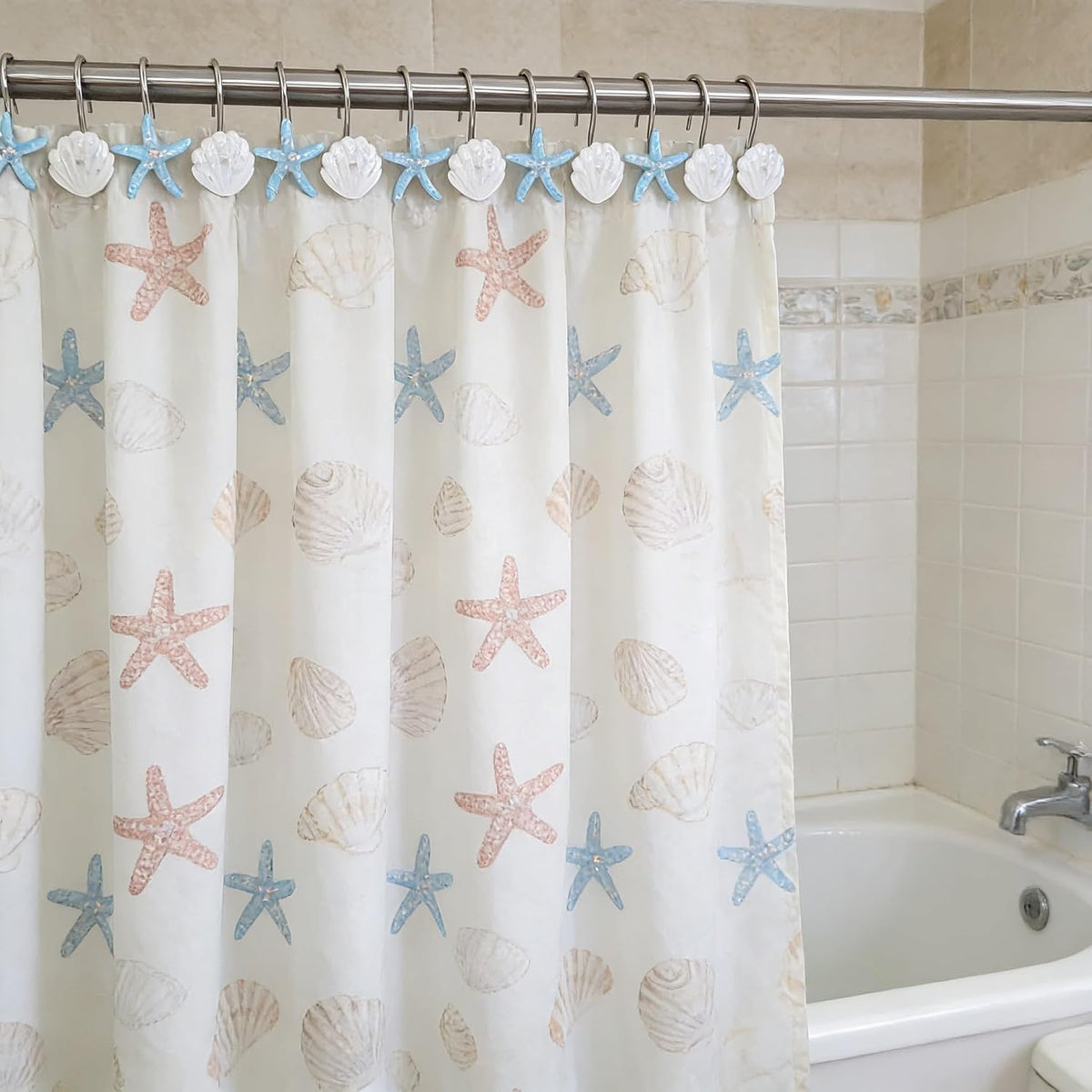 Twofishes Blue Seashell Shower Curtain Hooks S/12 Ocean White Starfish Style Shower Curtain Rings Pack of 12 White Shell Shower Rings Set of 12