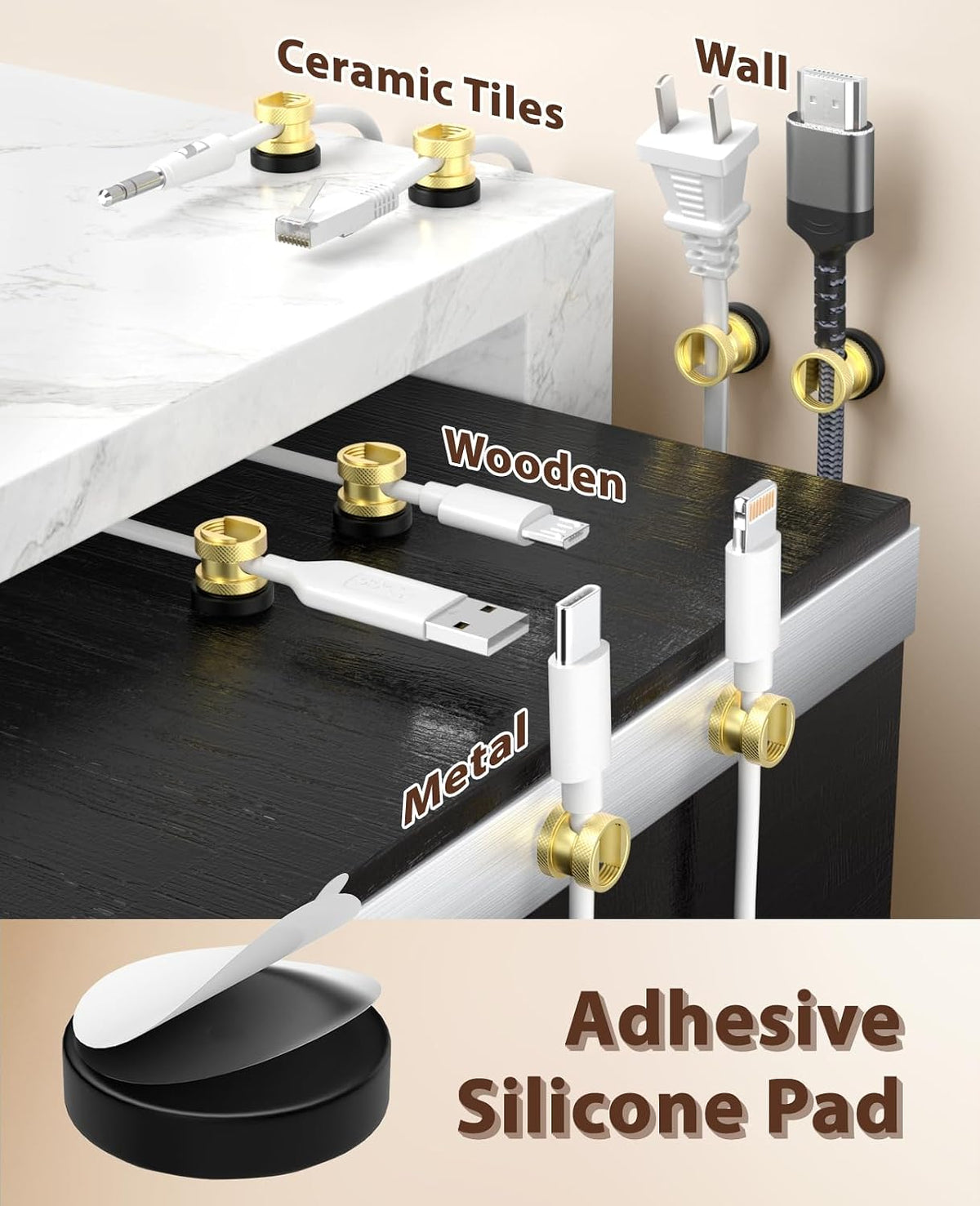 Viaky Magnetic Cord Holder,3 PCS Gold Metal Wire Organizer