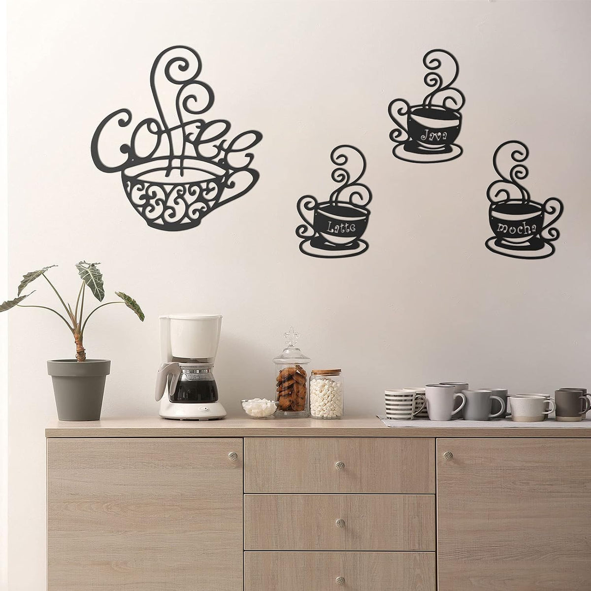 Hotop 4 Pcss Metal Coffee Cup Wall Art Decor Coffee Decor, Black