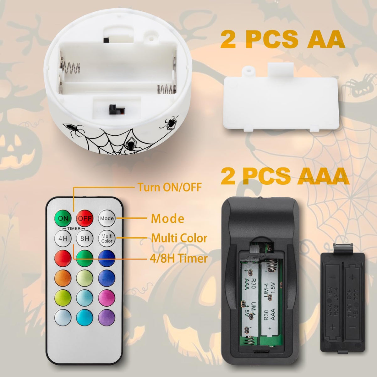 4 PCS Color Changing Halloween LED Pumpkin Candle Lights with Remote and Timer, Colored Battery Operated Jack-O-Lantern Light for Outdoor Halloween Flameless Pumpkin Home Decorations