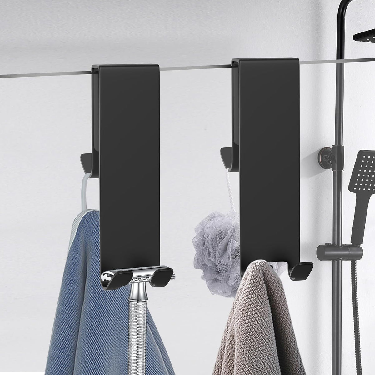 Double-Sided Over The Door Hooks 2-Pack - for Frameless Glass Showers, Heavy Duty No Drill Organizer for Towels Robes, Space Saving Black