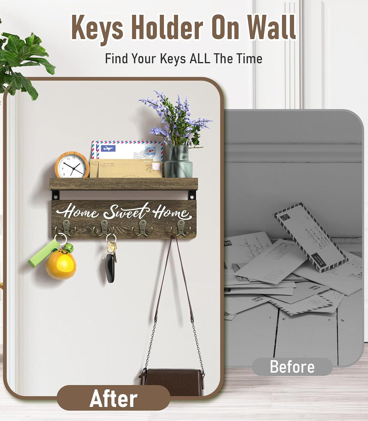 buways Key Holder Wall Mount with 8 Hooks and Cozy Home Sign (Brown)