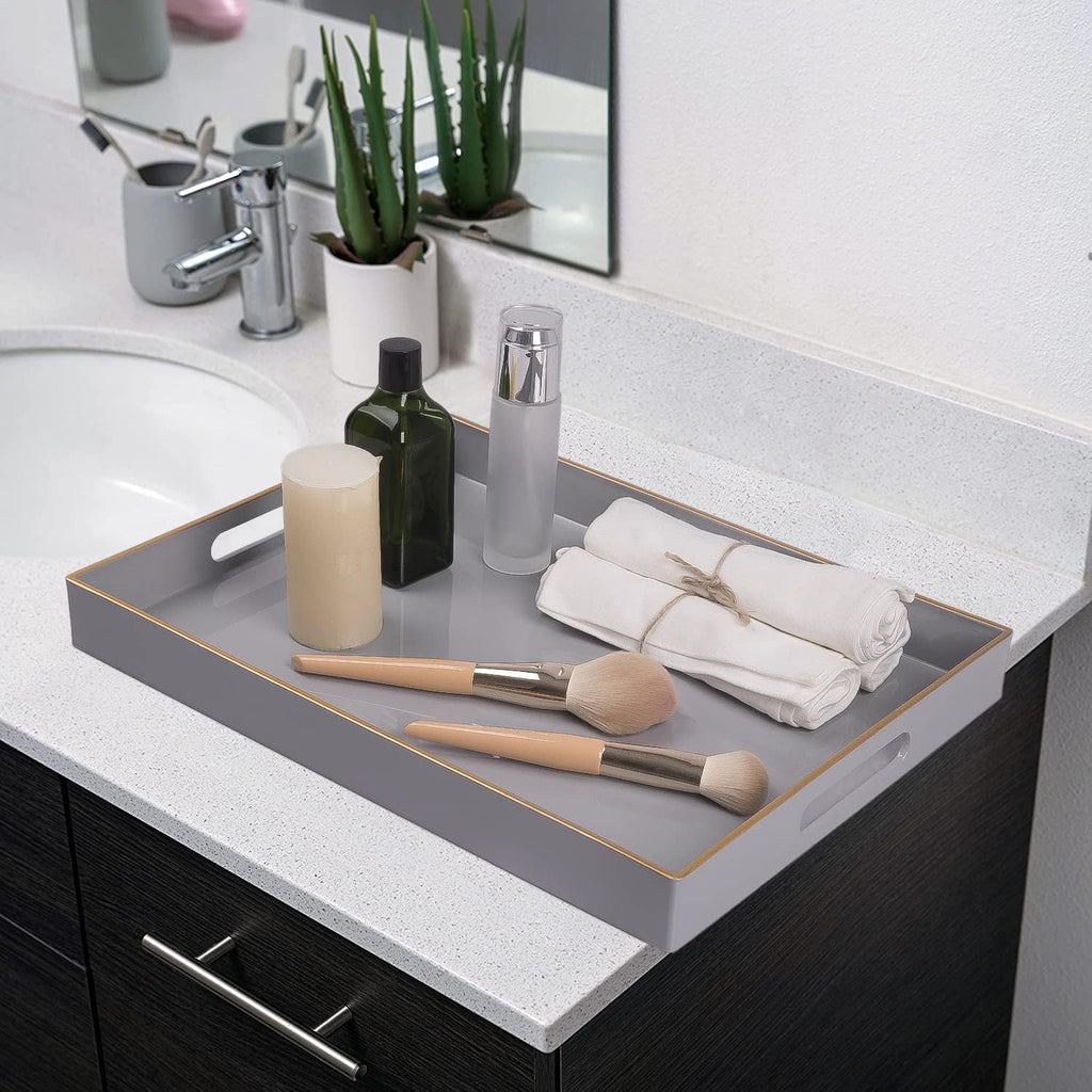 MAONAME Gray Decorative Tray, Rectanrle Plastic Serving Tray with Handles