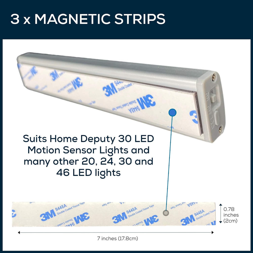 Magnetic Strips for Motion Sensor Lights - 3 Pack - Replacement Magnetic Strips with Adhesive Backing for LED Under Cabinet Lights