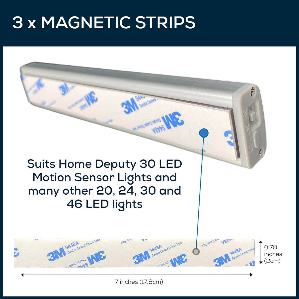 Magnetic Strips for Motion Sensor Lights - 3 Pack - Replacement Magnetic Strips with Adhesive Backing for LED Under Cabinet Lights