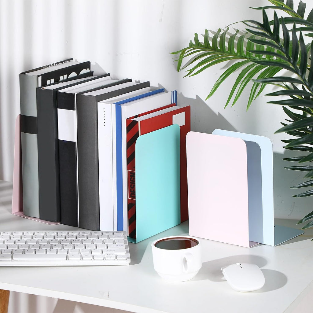 Beeveer 6 Pairs Metal Bookends for Shelves Office Library, Macaron Colors