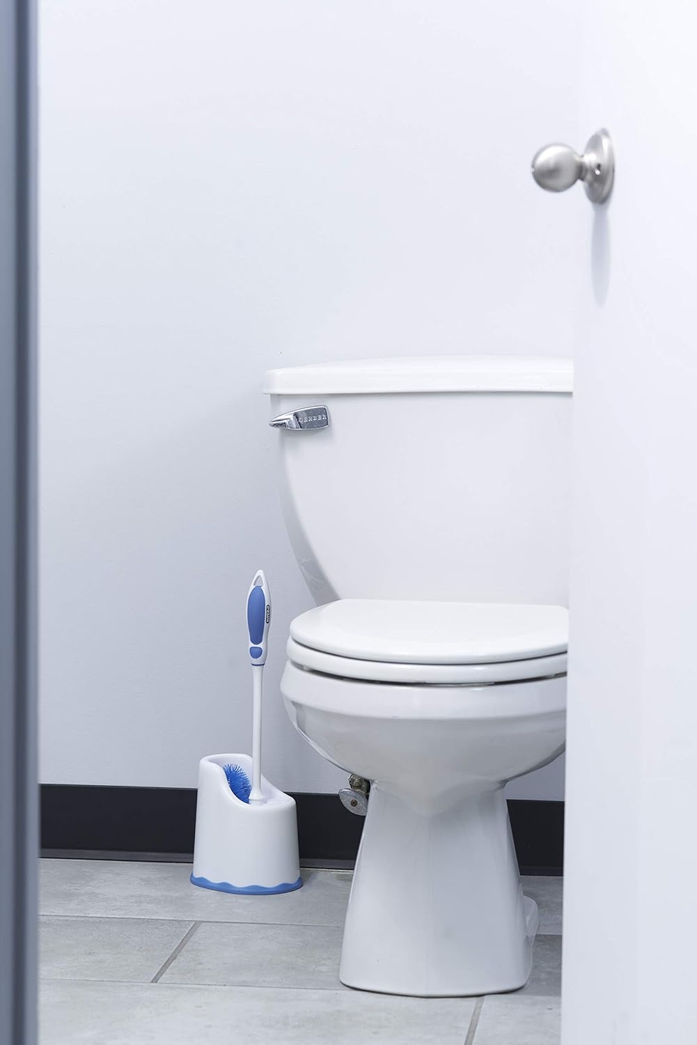 Superio Toilet Bowl Brush and Holder with Under Rim Cleaner for Bathroom, Toilet Brush and Caddy with Non Scratch Bristles and Under Rim Lip Brush, White and Blue (2 Pack)