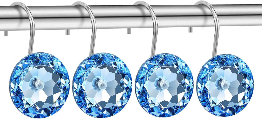 CHICTIE Blue Shower Curtain Hooks Rings Crystal,Diamond Decorative Shower Curtain Hooks,Set of 12 Stainless Steel Rust-Proof Round Rhinestones Shower Rings Hangers for Bathroom