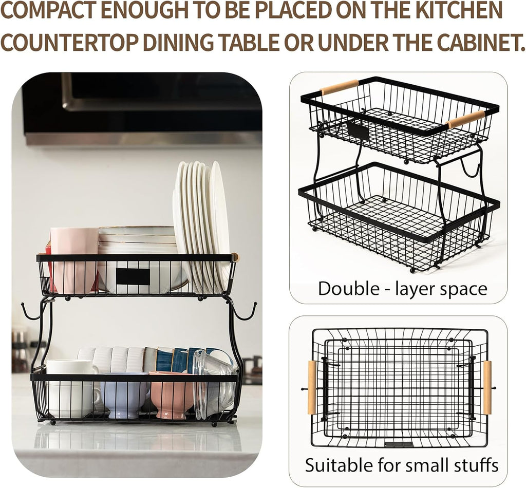 2 Tier Fruit Basket with 2 Banana Hangers, Fruit Bowl for kitchen counter with Wooden Handle, Detachable Large Capacity Fruit Holder Stand for Vegetable Bread Snack Produce Storage