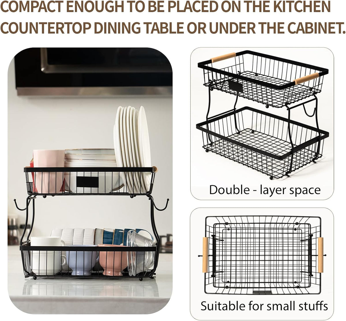 2 Tier Fruit Basket with 2 Banana Hangers, Fruit Bowl for kitchen counter with Wooden Handle, Detachable Large Capacity Fruit Holder Stand for Vegetable Bread Snack Produce Storage