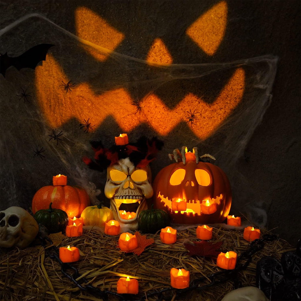 Halloween 12 Pack Orange Tea Lights, Small Dripping Candles, Battery Operated LED Tealights, Mini Pumpkins Lights with Warm White Bulb, Flameless, Electric Fake Tea Candles Realistic for Halloween