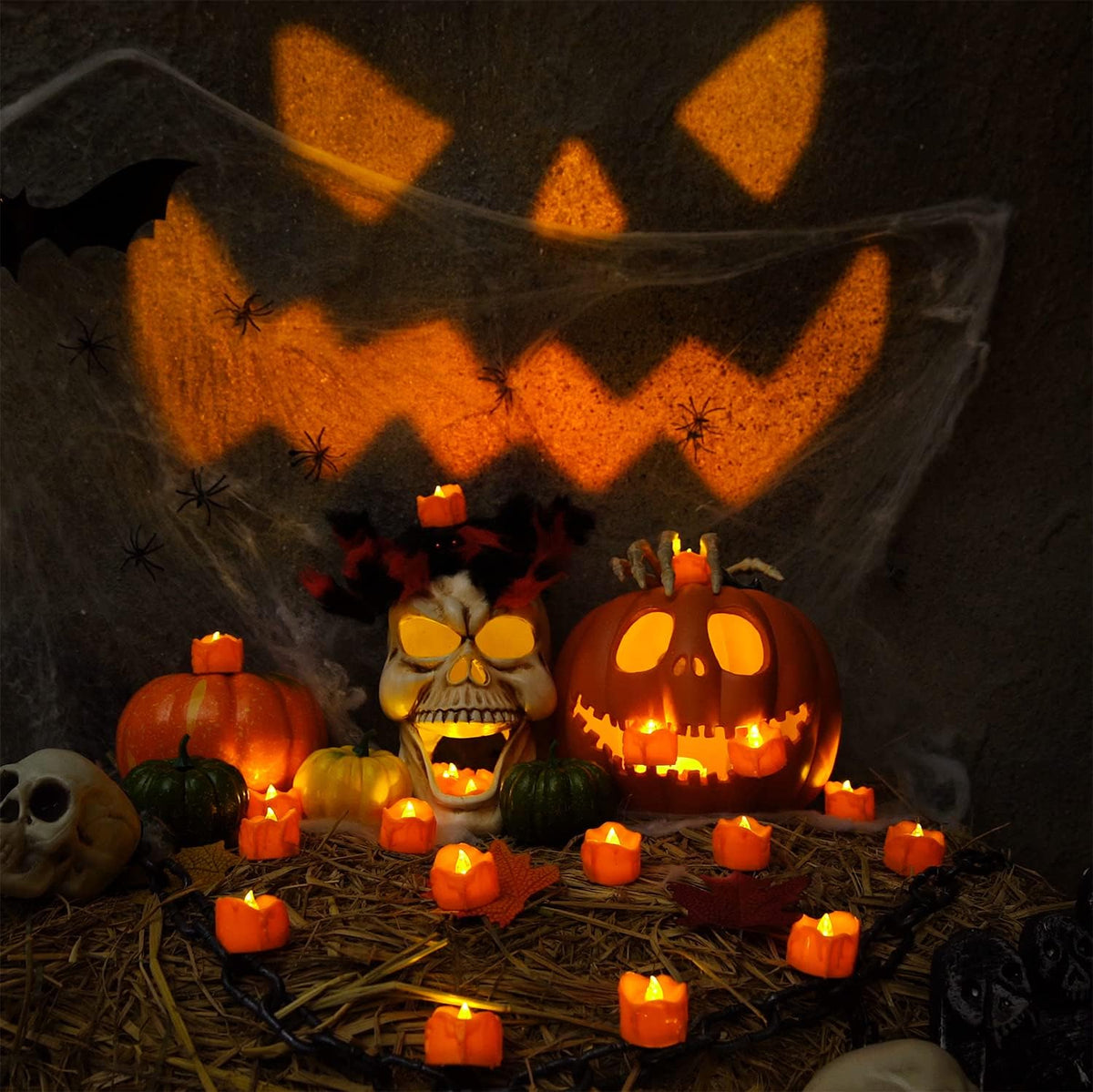 Halloween 12 Pack Orange Tea Lights, Small Dripping Candles, Battery Operated LED Tealights, Mini Pumpkins Lights with Warm White Bulb, Flameless, Electric Fake Tea Candles Realistic for Halloween