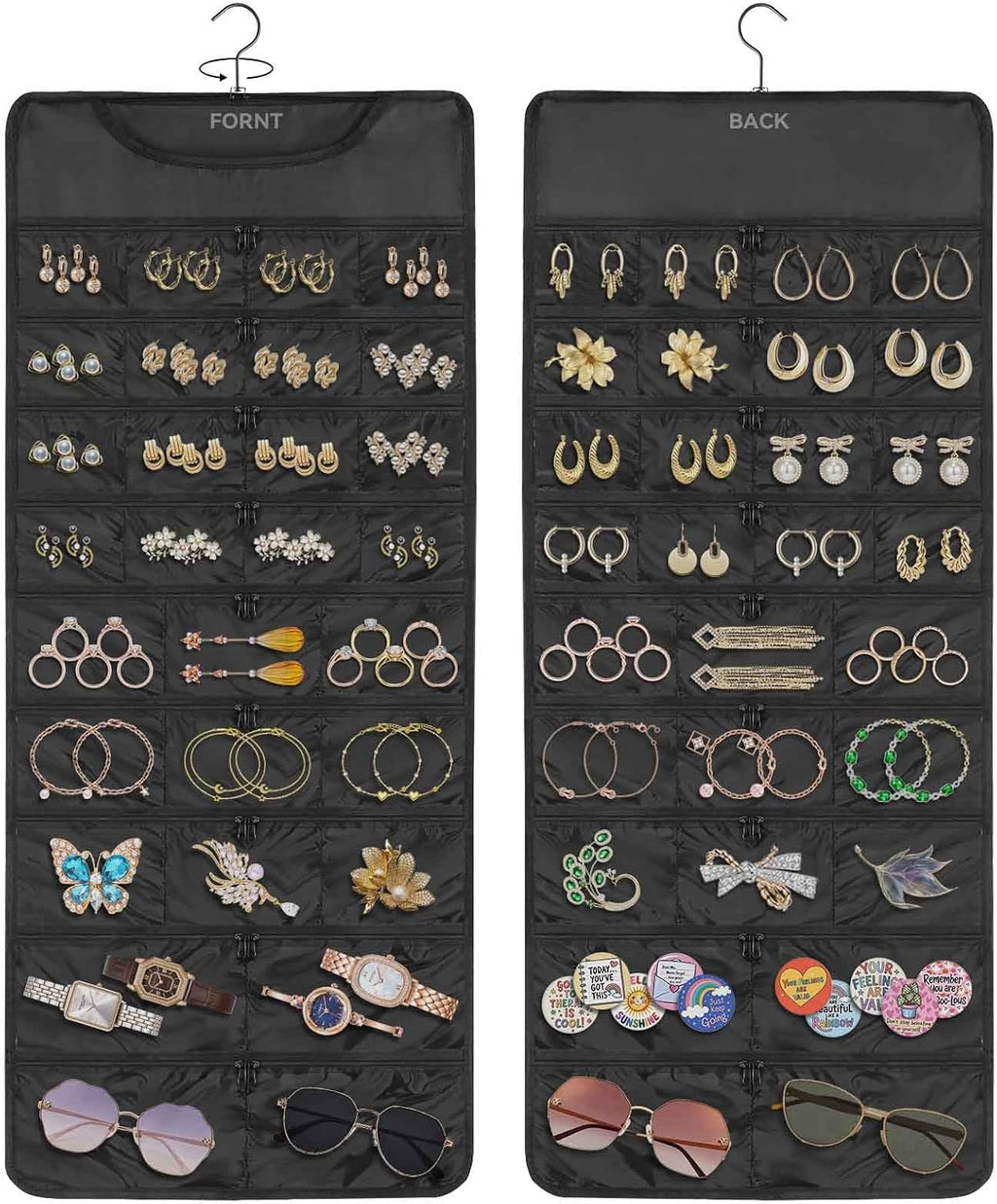 FOREGOER Hanging Jewelry Organizer 58 Zippered Pocket, 2-Sided, Black