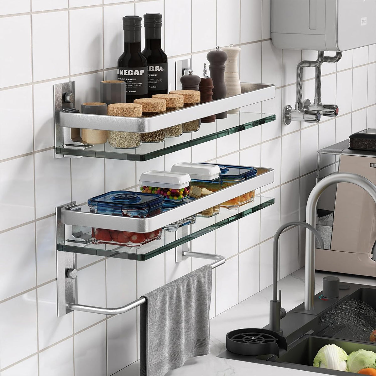Danpoo Bathroom Shelves Wall Mounted, Clear Tempered Glass Shelf with Towel Bar, Hand Towel Holder(Matte Silver)