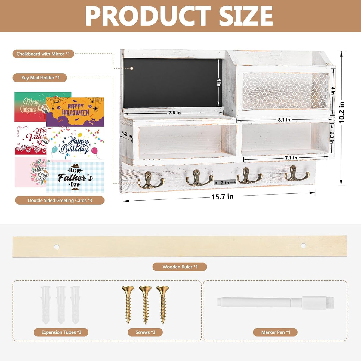 Key Holder Wall Mount, Wooden Mail and Key Organizer, White