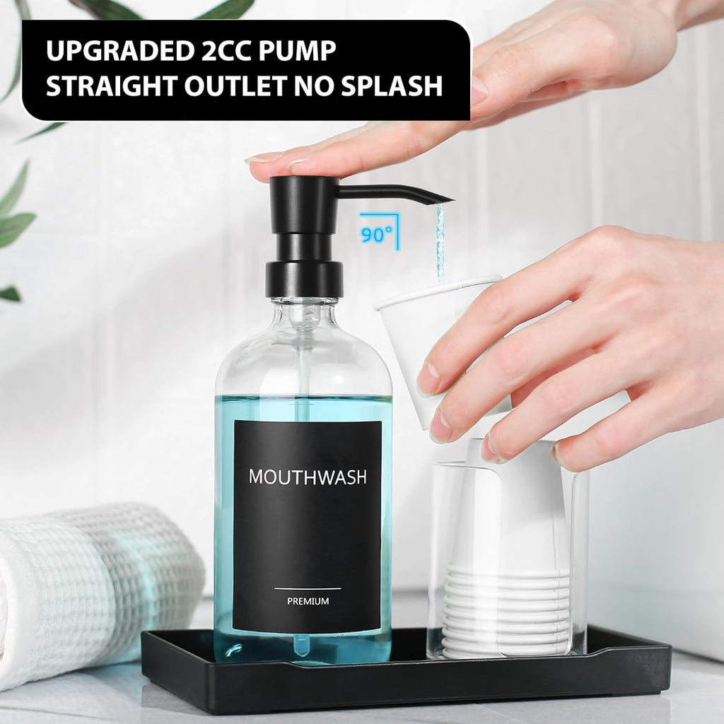 Mouthwash Dispenser for Bathroom, Glass Mouth Wash Pump Dispenser with Cup Holder, 17 Fl Oz Mouthwash Bottle Decanter with Tray, Refillable Mouthwash Dispenser Container