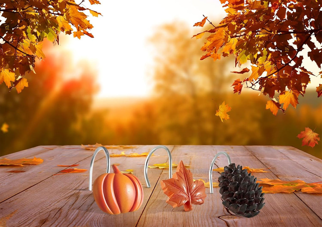 Estmy 12PCS Fall Autumn Shower Curtain Hooks Rings Fall Bathroom Decor Accessories Metal Rustproof Maple Leaf Pumpkins Pinecone Fall Leaves Thanksgiving Decorative Shower Hooks Rings for Curtains