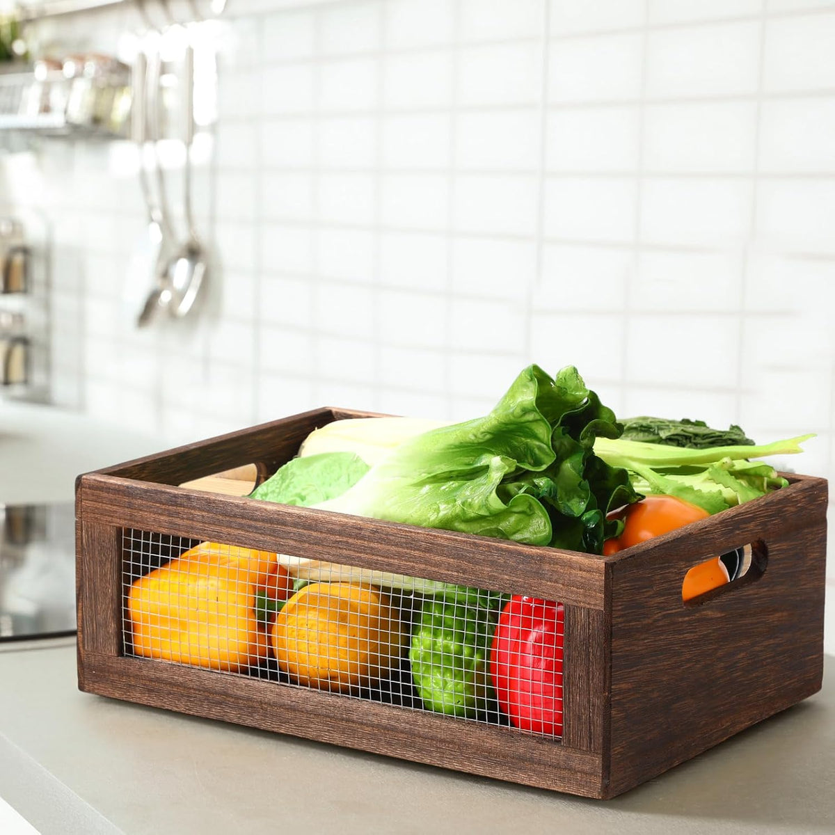 FillTouch 4 Pcs Wooden Nesting Countertop Baskets, Dark Brown, Large