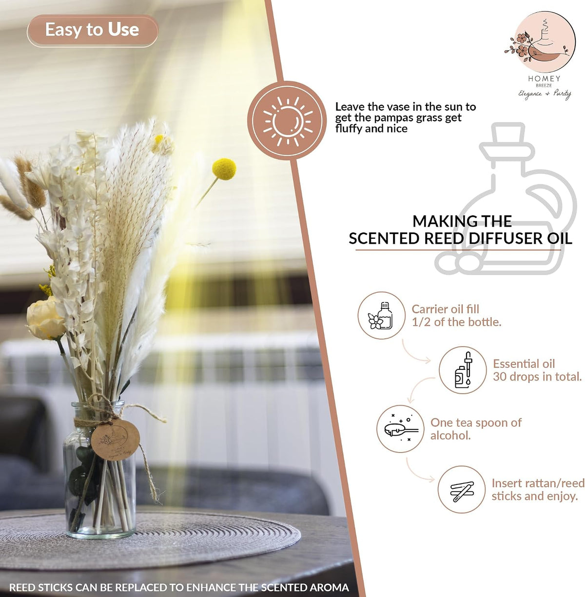 Homey Breeze Natural Dried Pampas Grass Decor with Vase - 15 Inches 23 Pcs 10 Styles, Pampas Grass with Vase Included - Small Pampas Grass for Home Decor, Wedding, Party, Birthday