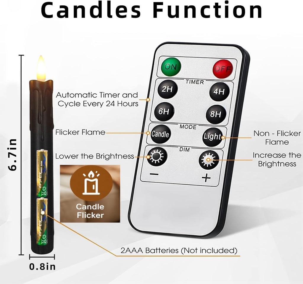Black Short Flameless Taper Candles Battery Operated, 6.7in Set of 6