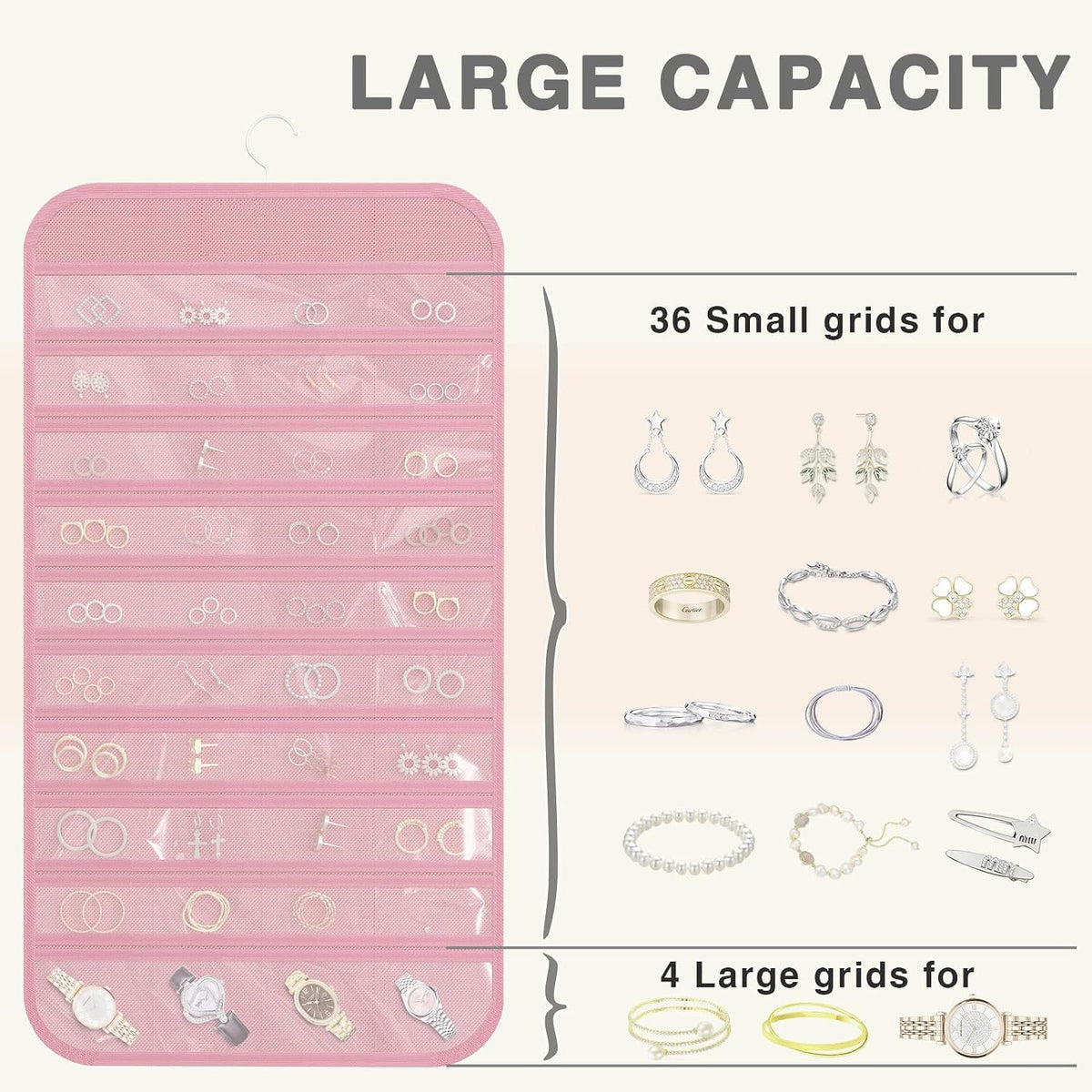 Double-Sided Hanging Jewelry Organizer for Necklaces Earrings, 2-Pack, Pink