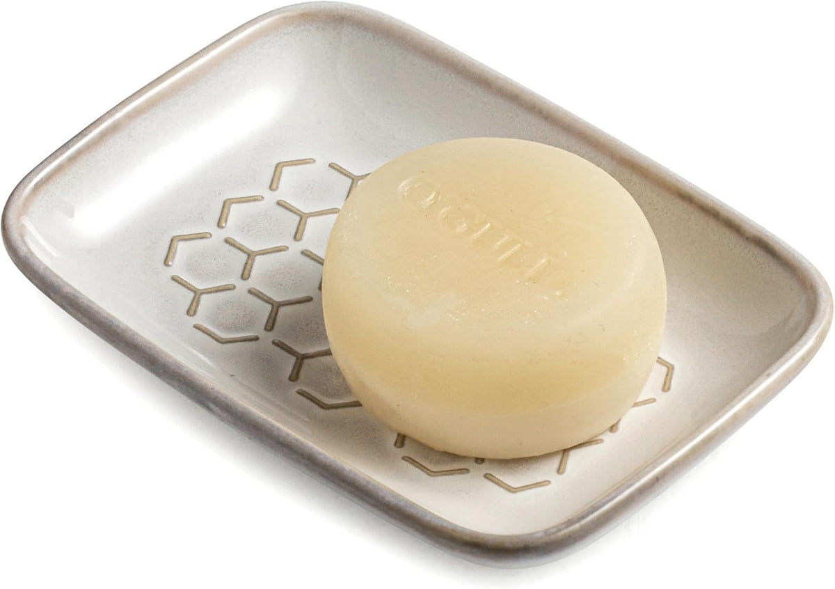 Gomakren Ceramic Soap Dish for Shower, Honeycomb Soap Tray 5.5 Inch, Beige
