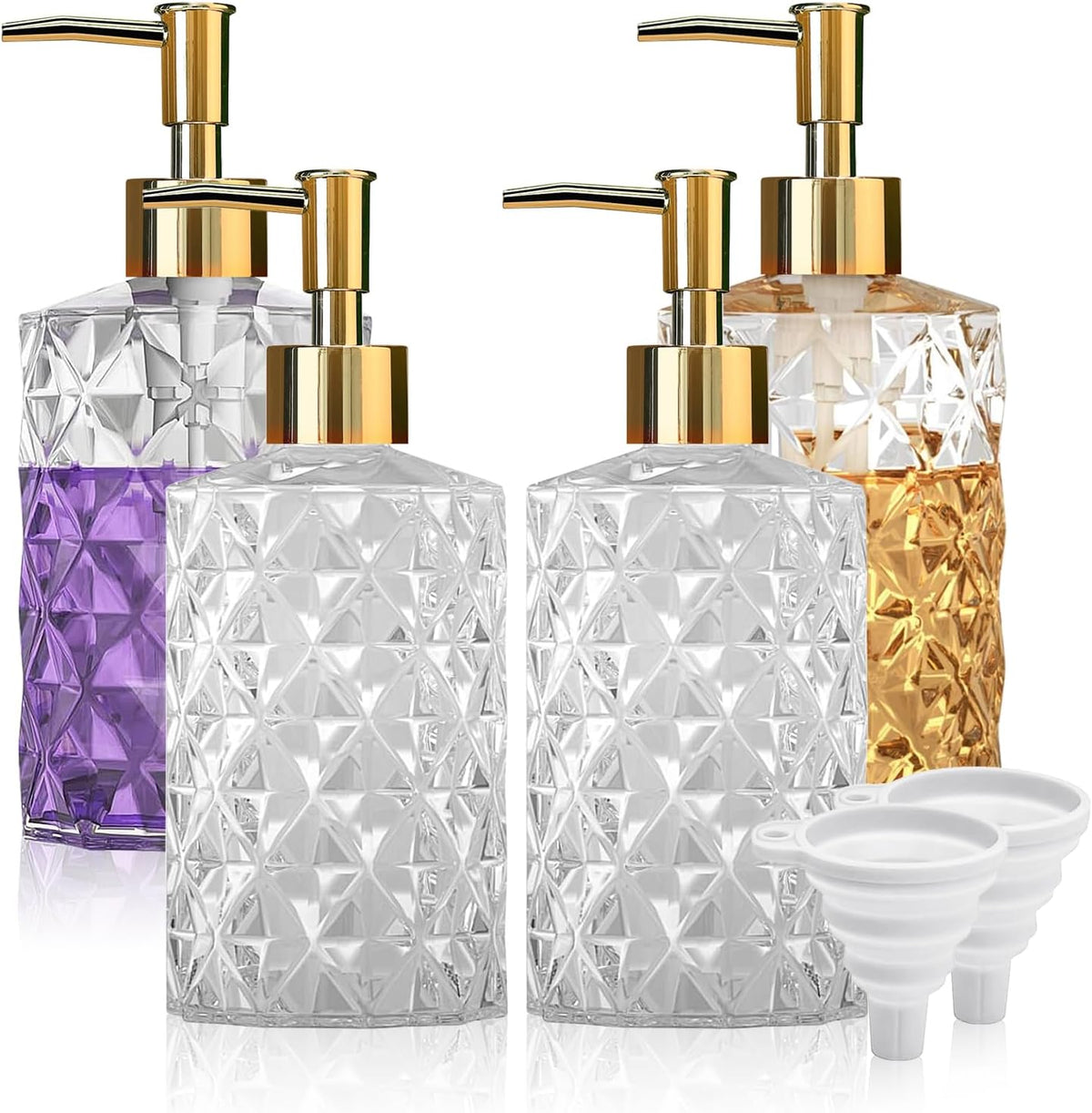 Crystal Glass Soap Dispenser, 330ml/12oz. Clear Glass Lotion Soap Dispenser with Gold Pump, Crystal Design Reusable Hand Soap Dispenser for Kitchen Dish Soap, Shower Gel, Shampoo(4 Pack)