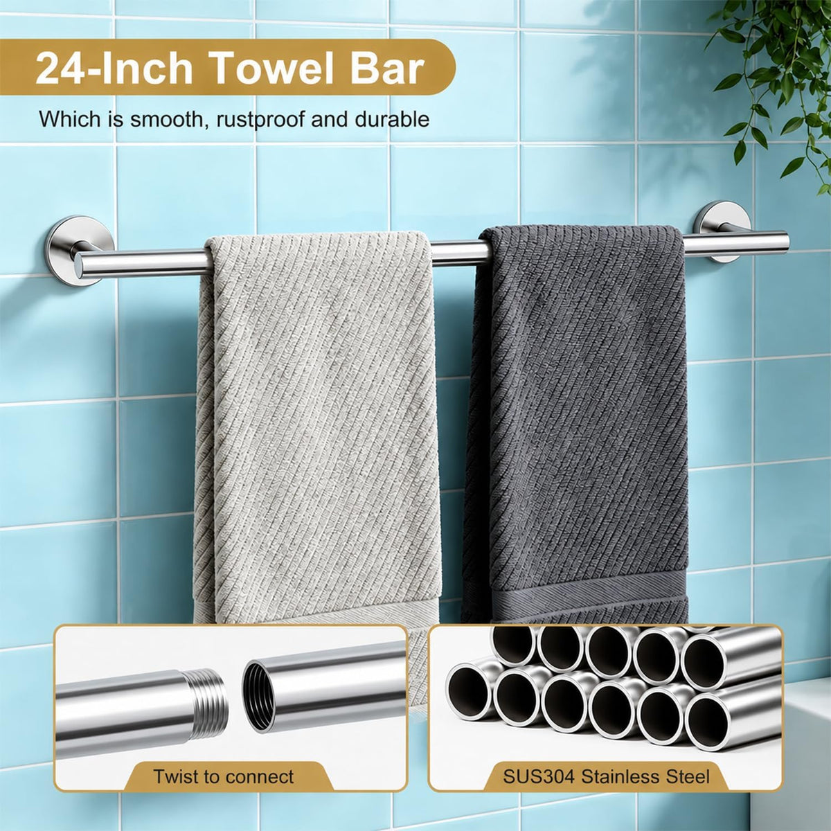 Chrome Bathroom Accessories Set, 6 Pieces Bathroom Hardware Set Chrome Bathroom Set, 24 Inch Towel Racks for Bathroom, SUS304 Stainless Steel Bath Towel Bar Set Toilet Paper Holder Wall Mounted