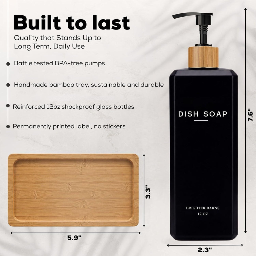 Black Glass Hand and Dish Soap Dispenser Set by Brighter Barns - 12oz Kitchen Soap Dispenser Set with Bamboo Tray and Pump - Boho Modern Home Decor for Kitchen Sink, Restaurant, Hotel, Gifts (Black)