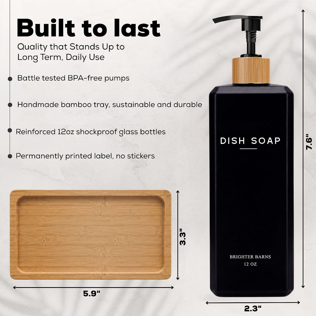 Black Glass Hand and Dish Soap Dispenser Set by Brighter Barns - 12oz Kitchen Soap Dispenser Set with Bamboo Tray and Pump - Boho Modern Home Decor for Kitchen Sink, Restaurant, Hotel, Gifts (Black)