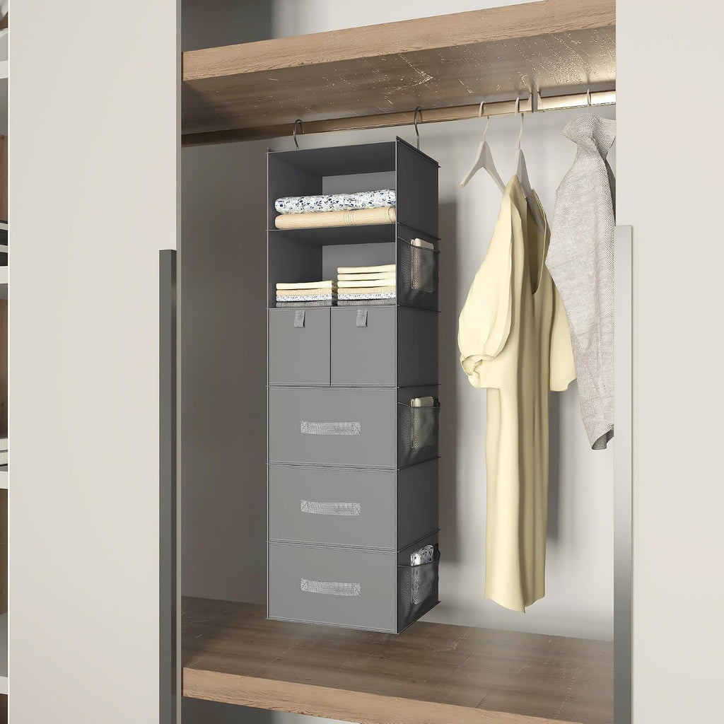 6-Shelf Hanging Closet Organizer with 5 Drawers, Non-Woven Storage, Gray