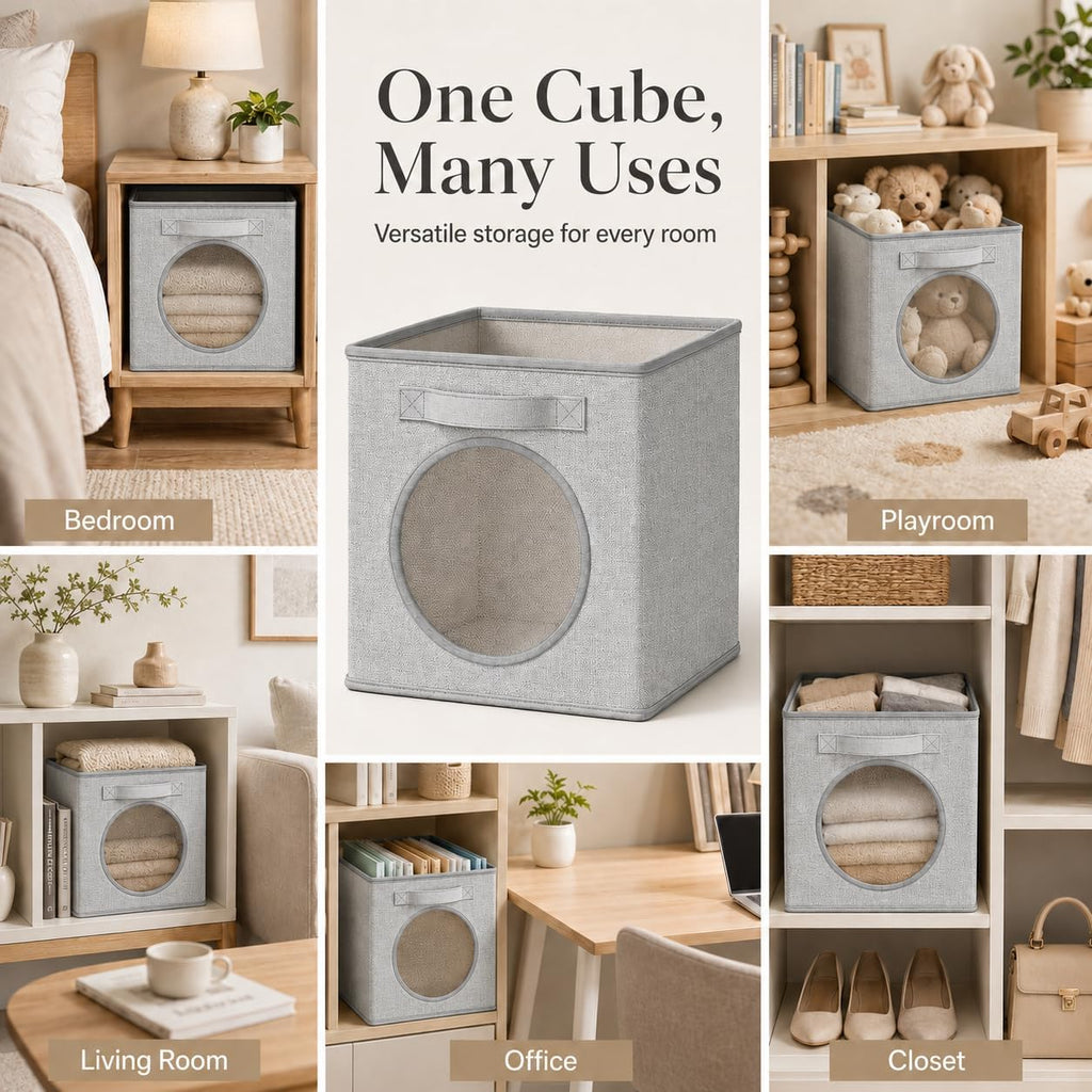 Fabric Storage Cubes with Mesh Window, 13'' Cube Storage Bin, Gray, 4 Pack