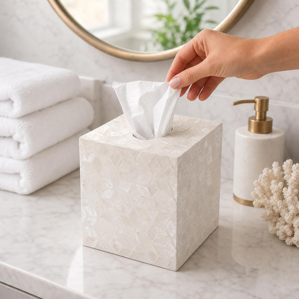 YANGQIHOME Capiz Shells Tissue Box Cover, Handmade Decorative Tissue Box Holder with Mother of Pearl, Square Facial Tissue Holder for Bathroom, Living Room, Kitchen, 5.5" x 5.5" x 5.9" (White)