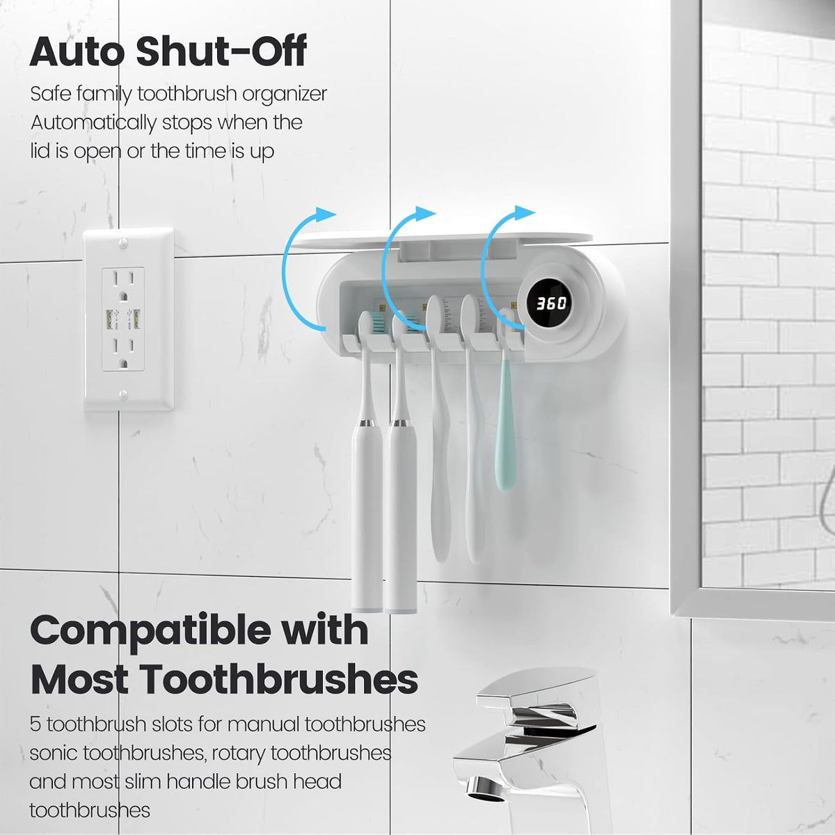 MIMORE Toothbrush Holder Wall Mounted, 5 Slots, 6-Minute Timer