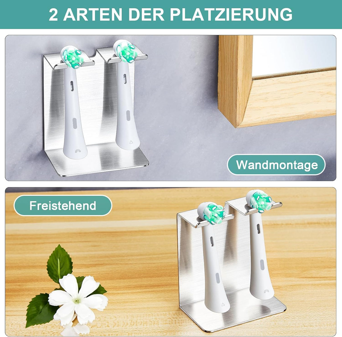 Electric Toothbrush Head Holder, Tooth Brushing Holder, Wall Mounted Toothbrush Holders Shower Bathroom, Self Adhesive or Desktop Tooth Brush Holder Organiser (Silver, Small)