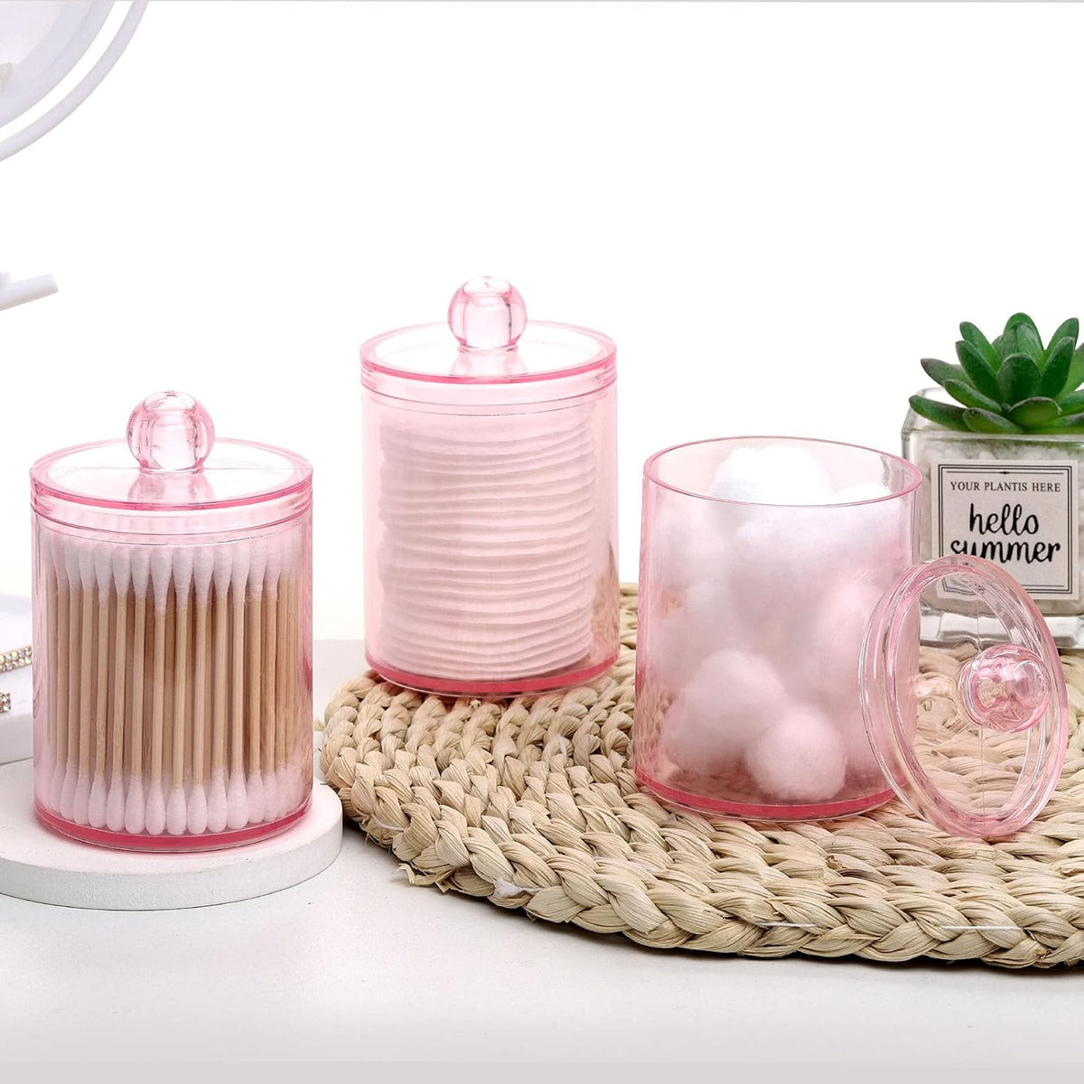Tbestmax 4 pcs Qtips Holder Bathroom Container, 10 OZ Apothecary Jar, Pink Cotton Ball/Swabs Dispenser Organizer for Storage