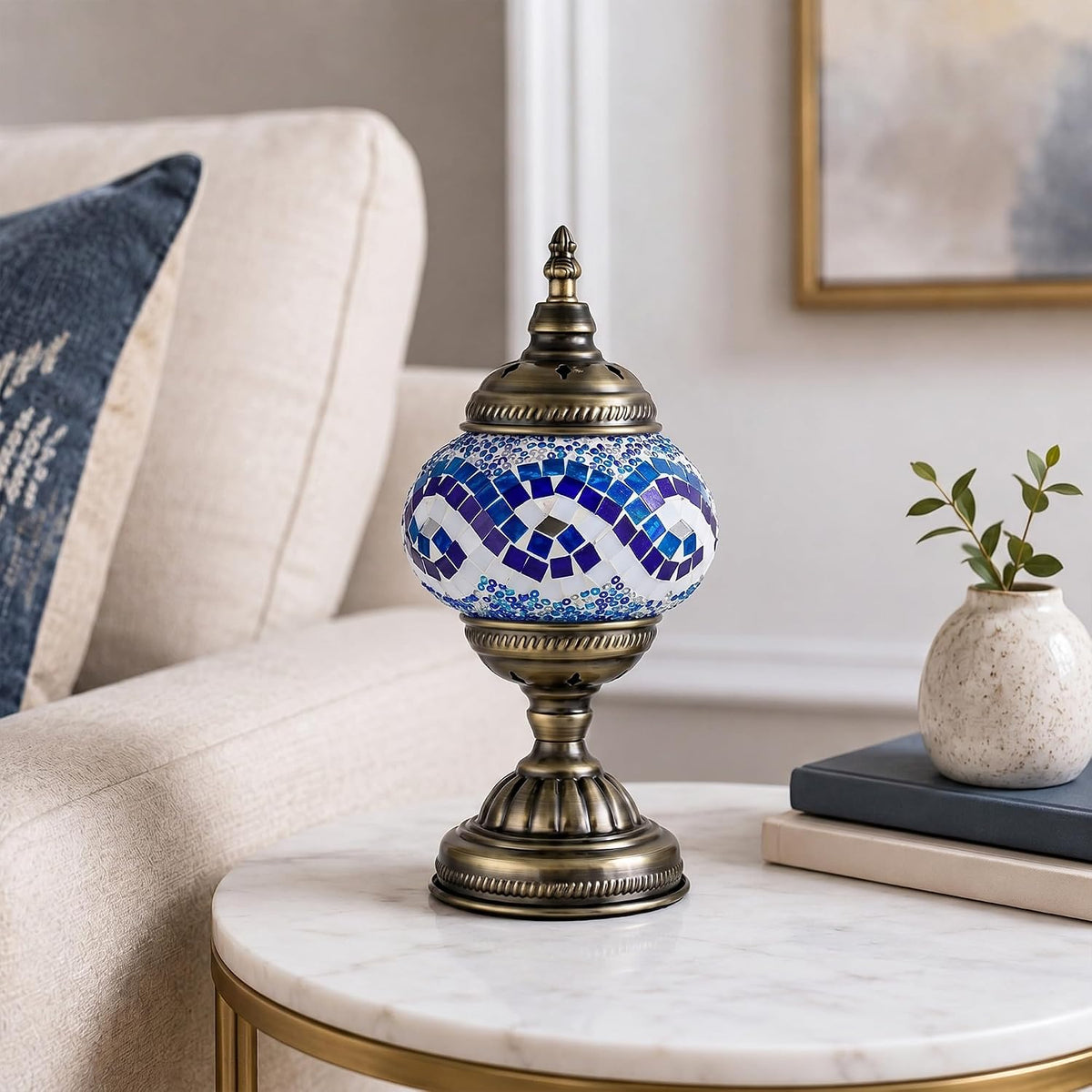 GOGERS Turkish Moroccan Table Lamp Lantern with Handmade Mosaic Glass Lampshade Tiffany Style Bohemian Stained Glass Decorative Desk Lamps Bedside Night Lights for Bedroom (White Multiple Blues)