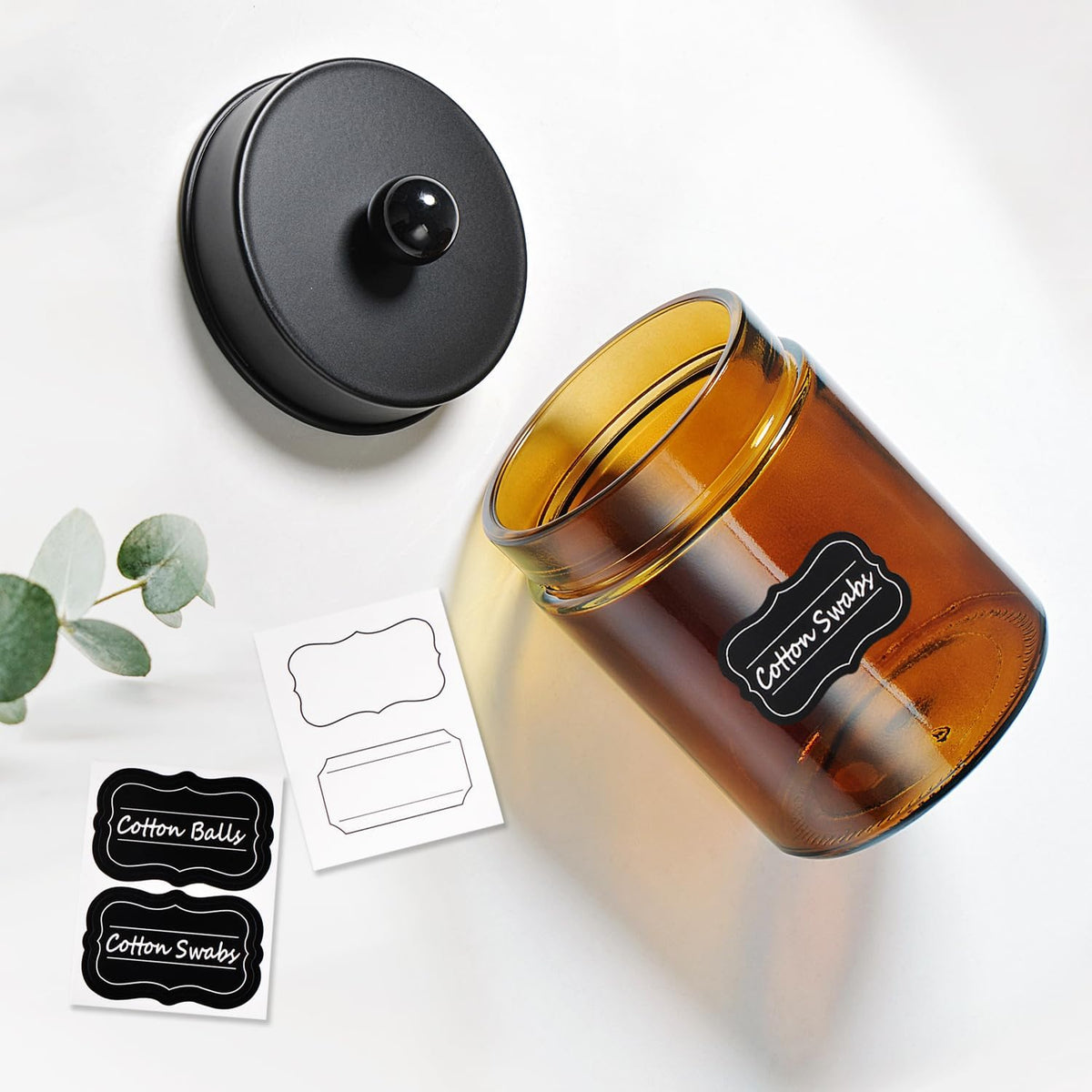Amolliar Amber Glass Apothecary Jars Qtip Holder w/Metal Lids,Black 2pc